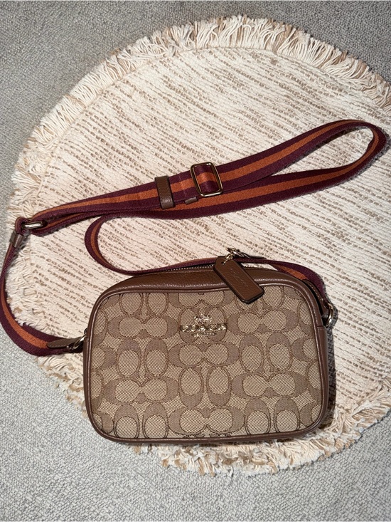 Coach Handbags - Coach Brown Signature Canvas Crossbody with Striped Strap